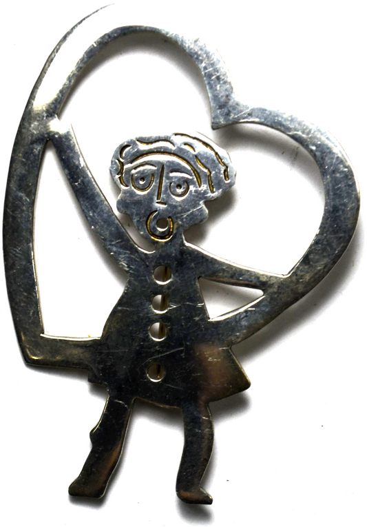 Whimsical Sterling Ernest Shaw Person Holding Heart Brooch Pin 72mm x 51mm