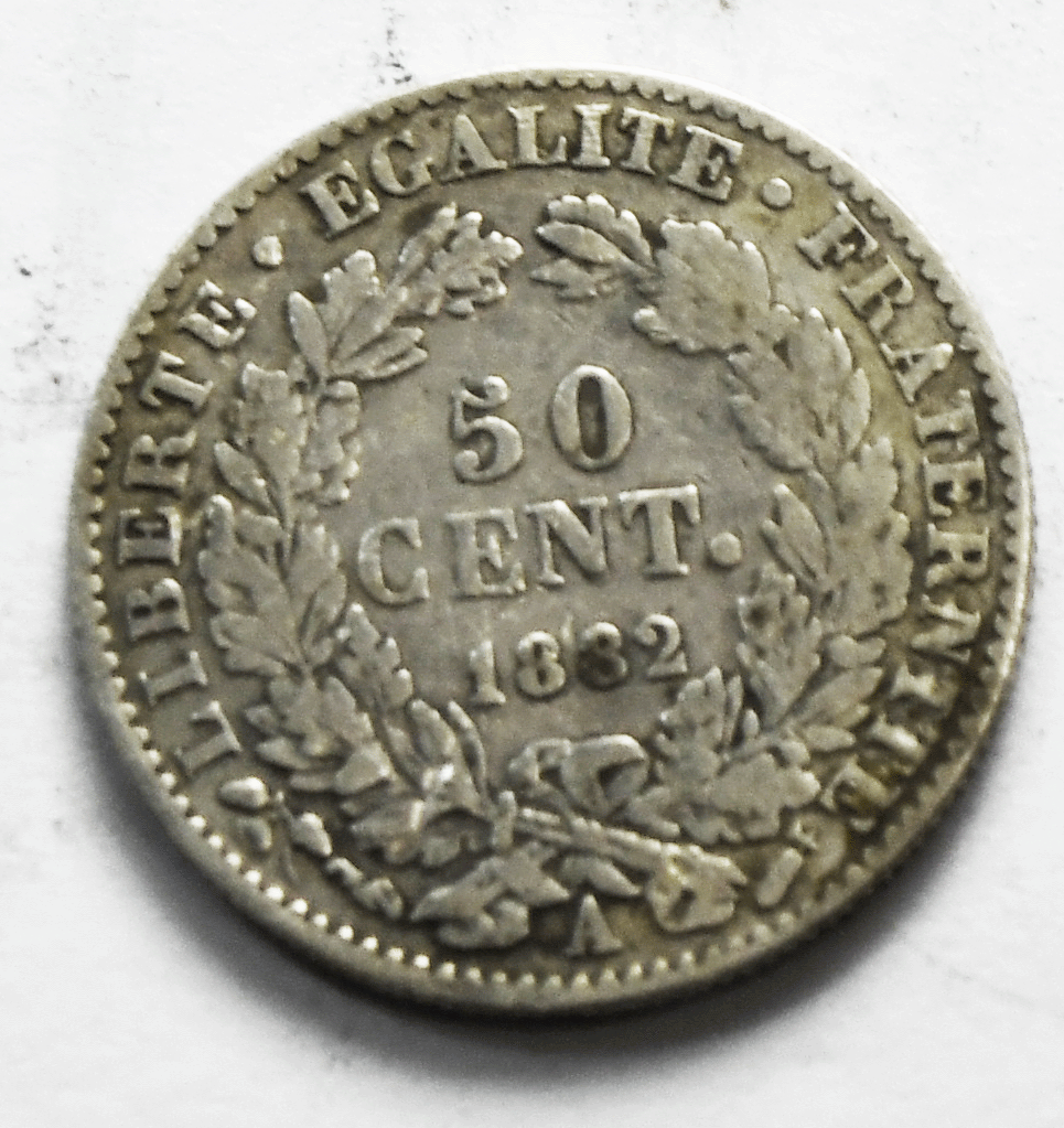 1882 A France 50 Fifty Centimes Silver Coin  KM# 834.1