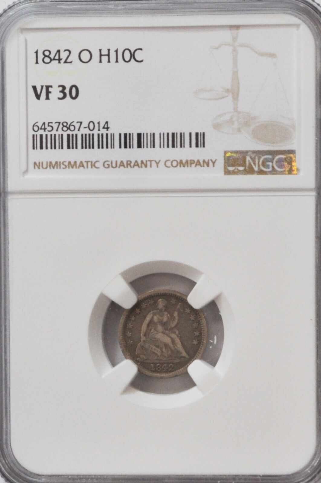 1842 O H10c Seated Liberty Silver Half Dime New Orleans NGC VF30
