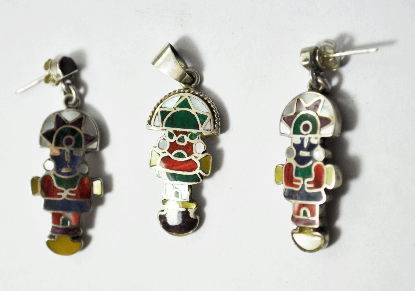 950 Silver Inlay Ceremonial Peruvian Tumi Inlay Pendant & Earrings Set 1.5"