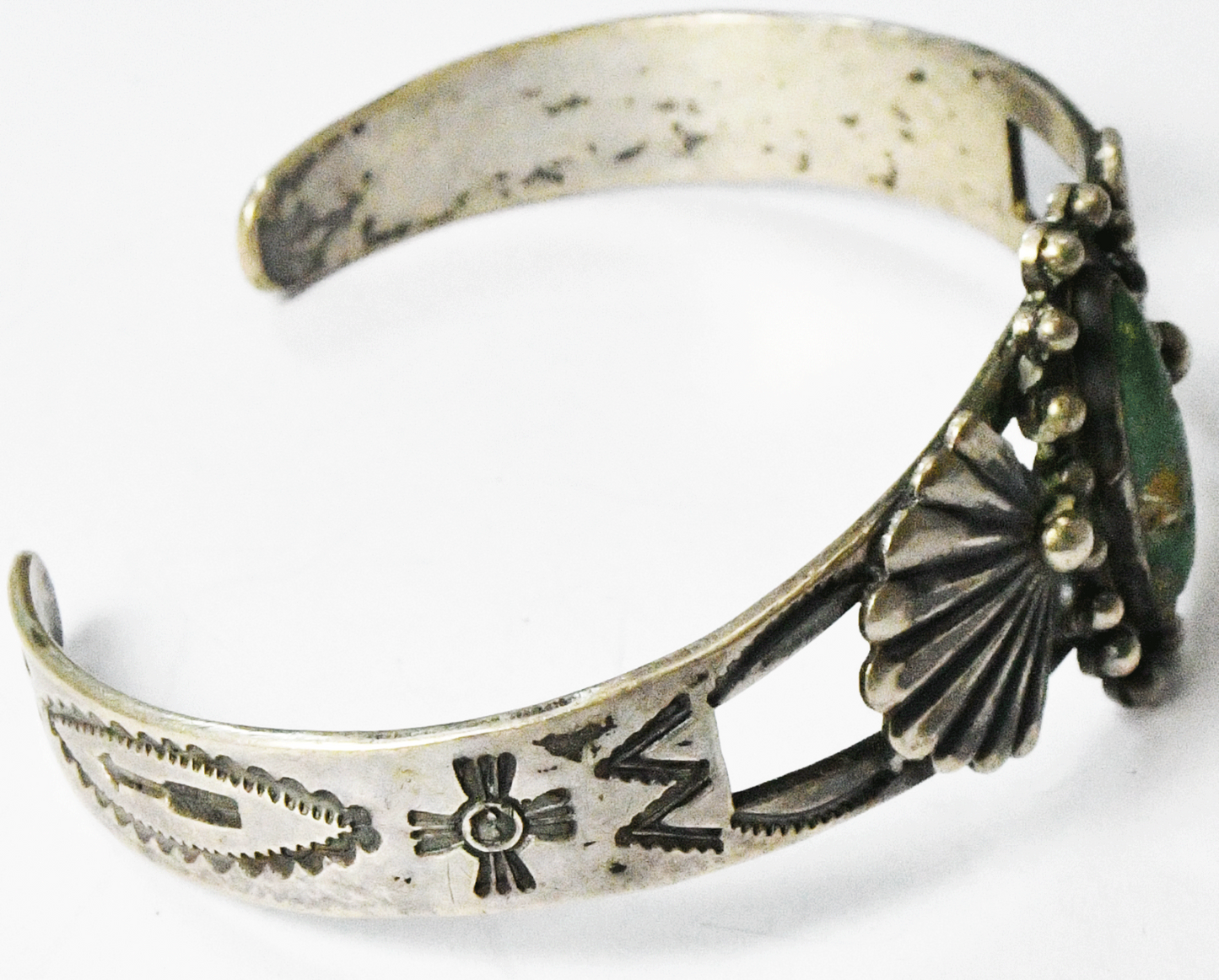 Antique Sterling Silver Green Turquoise Fan Edge Cuff Bracelet 24mm 6-1/2" Wrist