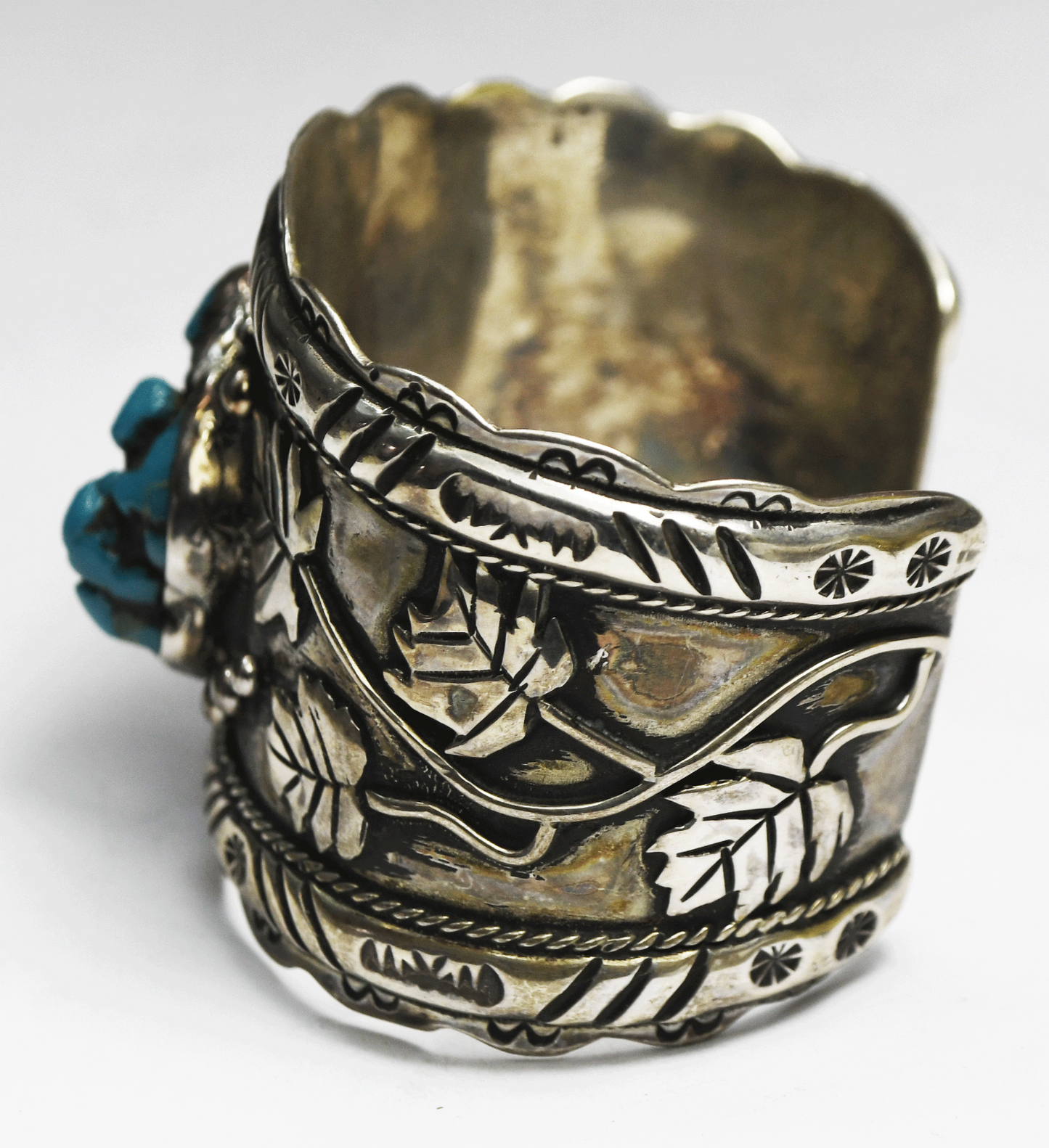 Sterling Signed ER Turquoise Chunk Floral Cuff Bracelet 45mm 6-1/2" Wrist