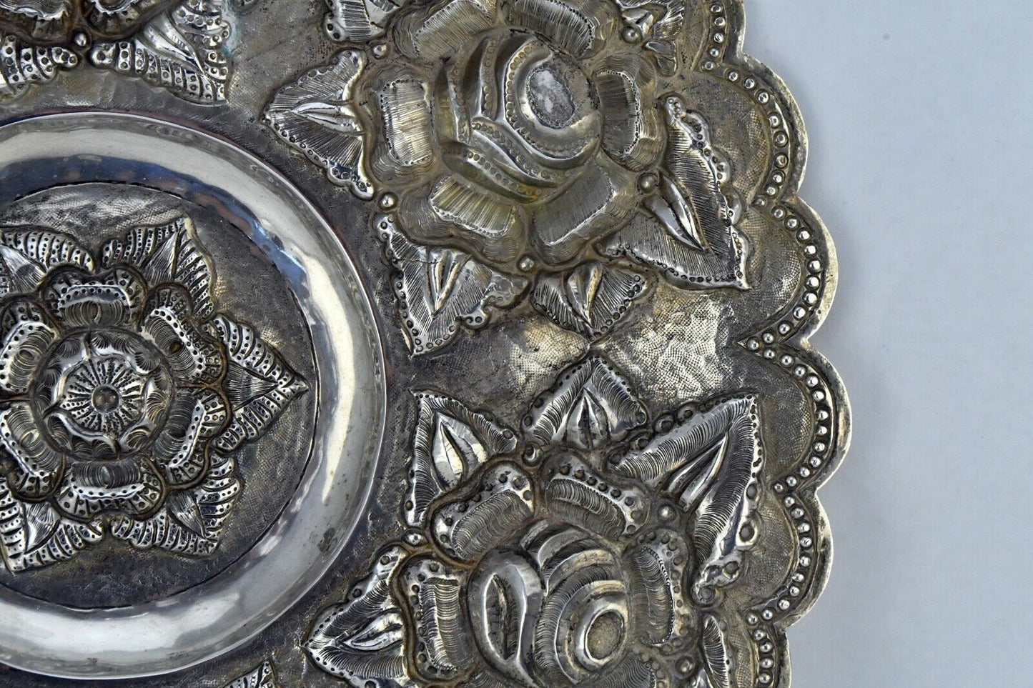 Vintage V. Acosta Signed .900 Fine Silver Mexico Tray 12" Rose Pattern 13.2oz.