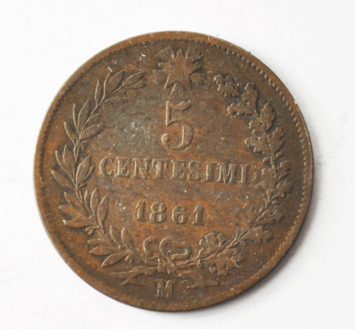 1861 M Italy 5 Five Centesimi Copper Coin  KM# 3.2