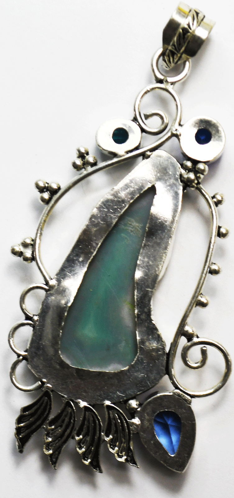 Sterling Silver Large Blue & White Agate Floral Vine Pendant 3.5" x 46mm