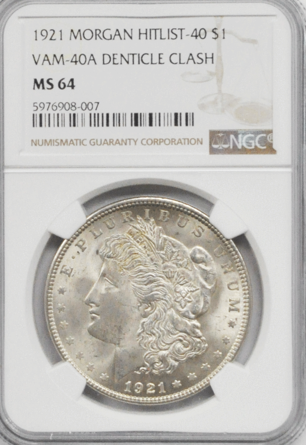1921 $1 Morgan Silver Dollar MS64 NGC VAM 40A Denticle Clash Hitlist 40 Top Pop