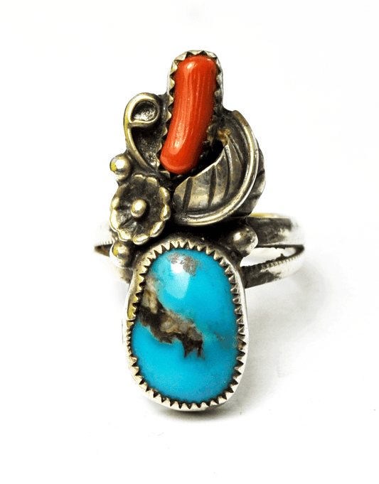 Sterling Turquoise & Coral Floral Handcrafted Flower Rings 29mm LP= Size 5.5