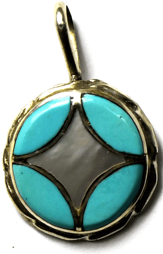 Sterling Silver MOP Turquoise Inlay Round Pendant 24mm x 15mm