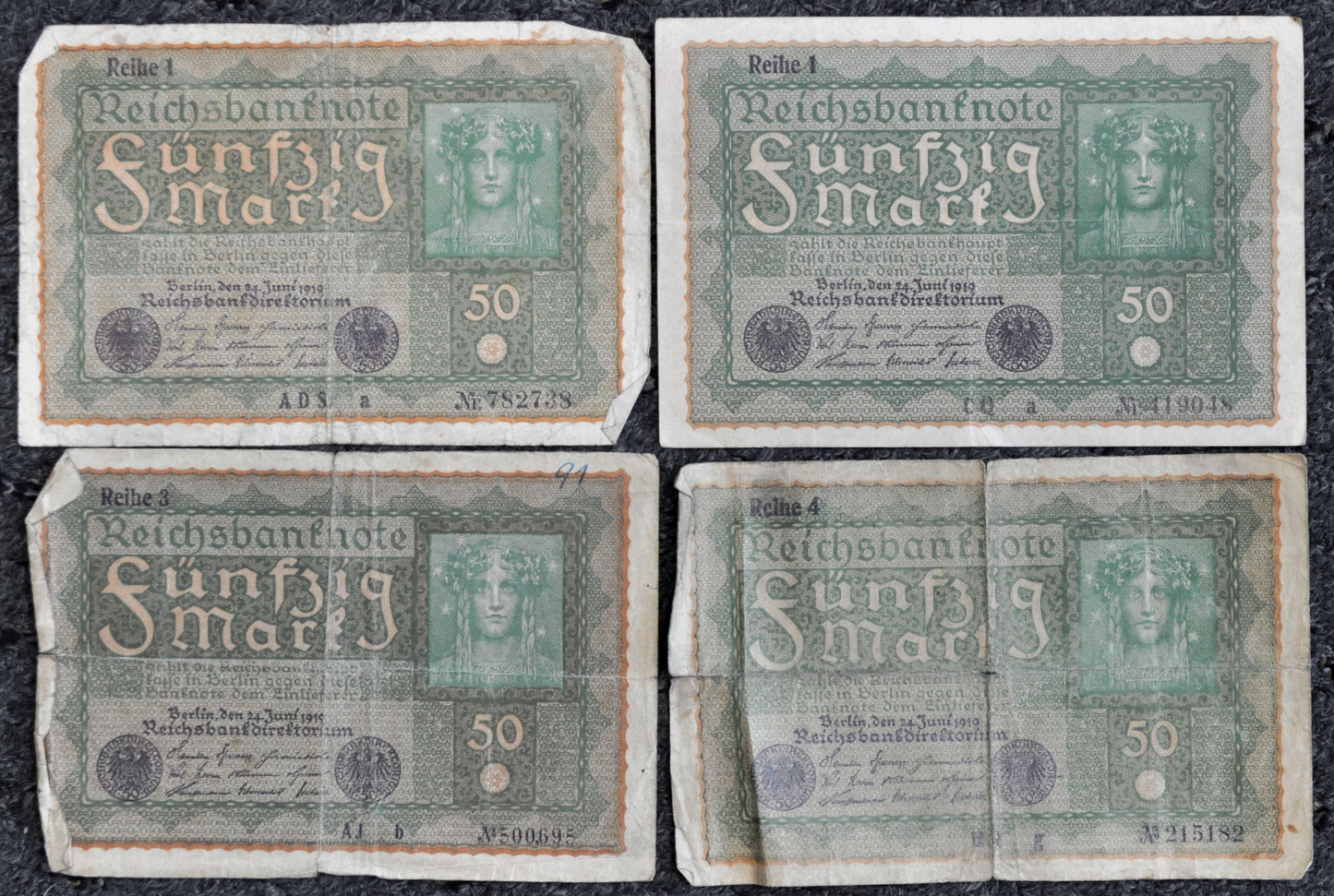 Lot of 4 1919 Germany 50 Fifty Mark Imperial Bank Notes