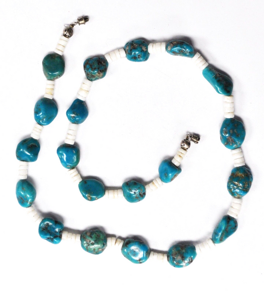Silver Plate Turquoise Chunk White Disc 14mm Bead Necklace 23"