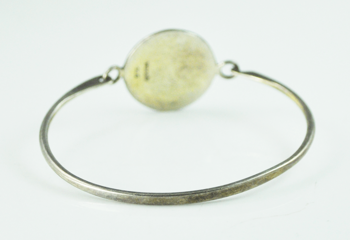 Sterling Etched Abstract Woods Signed 22mm Round Latch Bangle Bar Bracelet