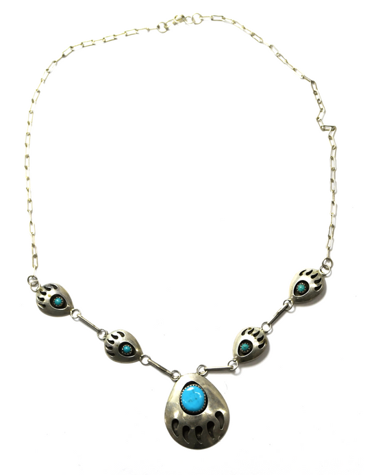 Sterling SJ Turquoise Bear Claw Shadow Box 32mm Necklace 19"