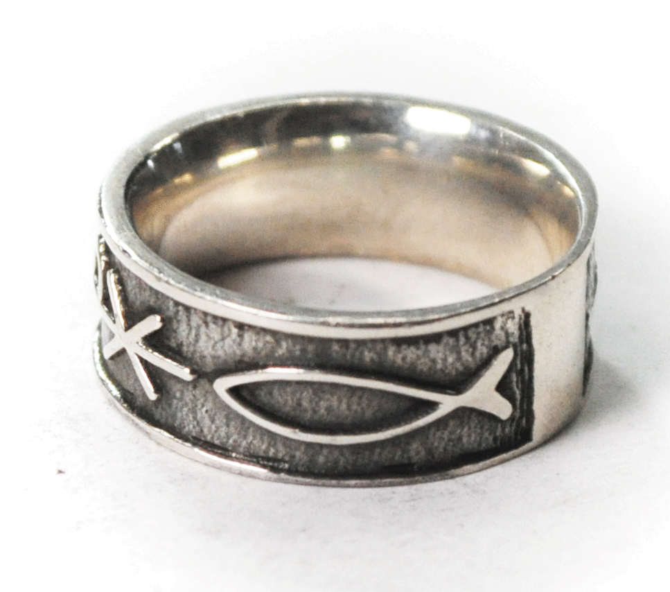 Sterling Silver Ichthys Dove Alpha Omega Chi Rho Storyteller Band 9mm Size 8