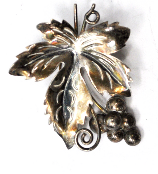 Sterling Silver Mexico TG-12 Leaf Grape Floral Brooch Pin 53mm x 44mm