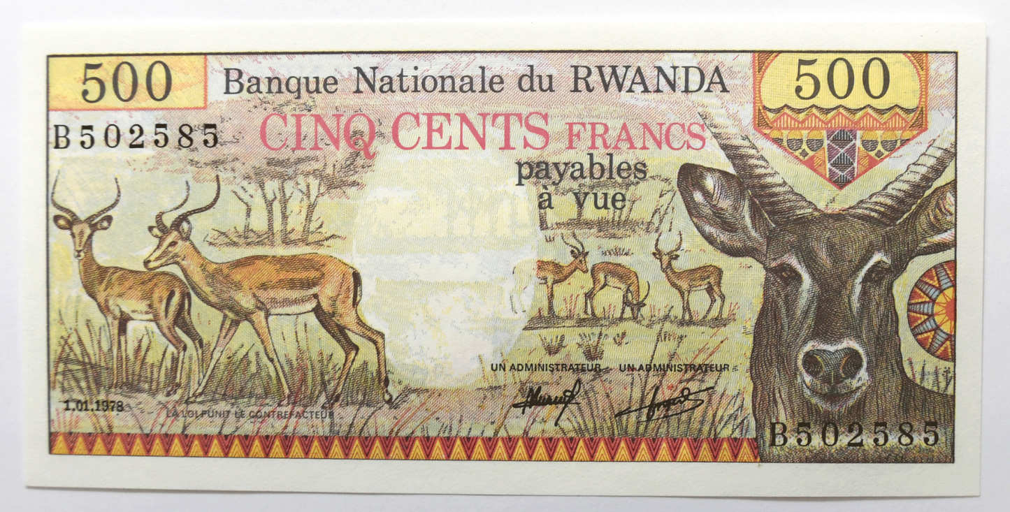 1978 Rwanda 500 Francs Bank Note Gem Uncirculated B502585 w/ Watermark