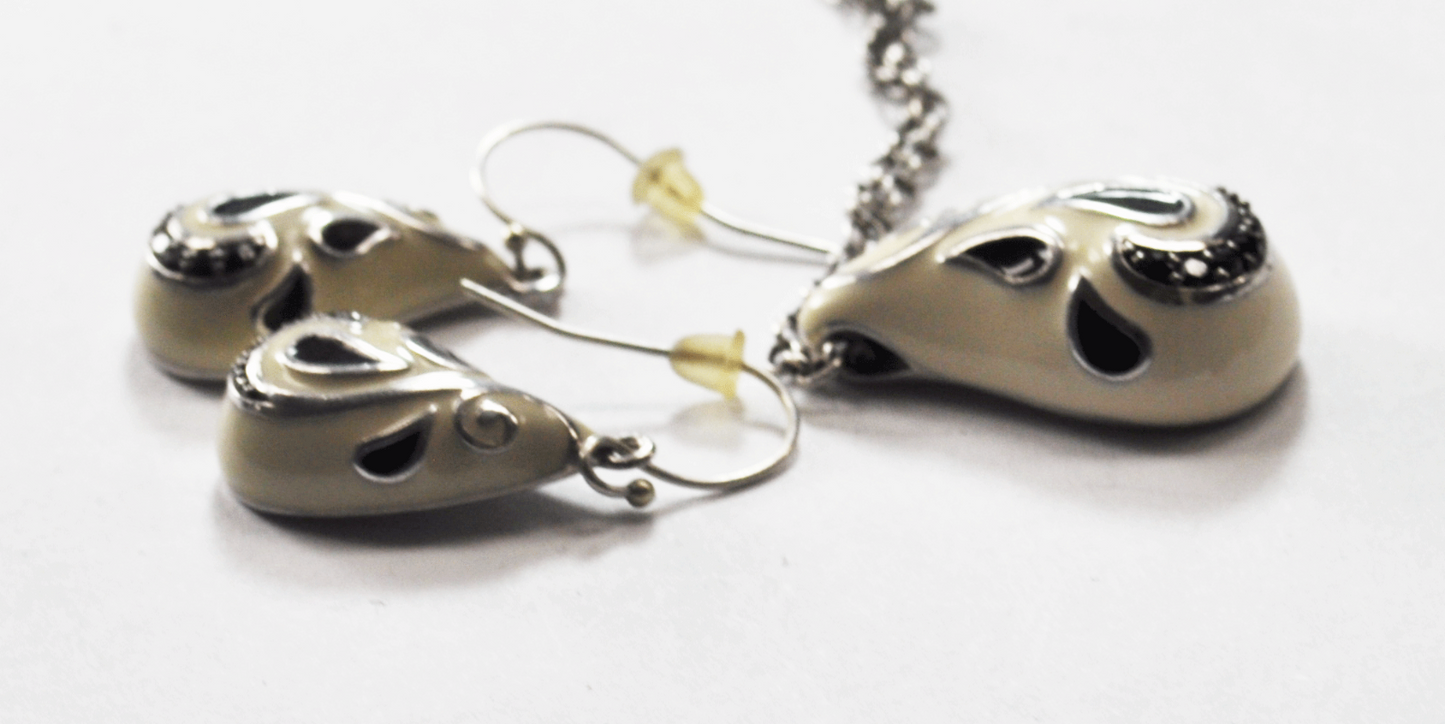 Sterling EMA Enamel Black Diamond 34mm Earrings & 26mm Pendant Set 18" Necklace