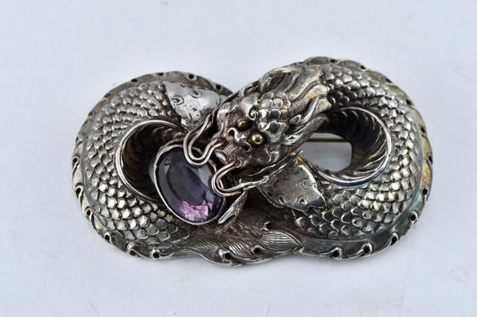 Vintage Sterling Silver & 8ct. Amethyst Oriental Dragon Pendant Nepal 2 3/4"
