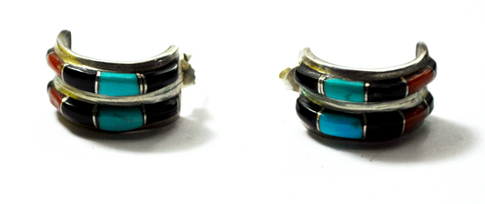 Sterling Silver Nastacio Turquoise Onyx Coral Double Row Hoop Earrings 20mm Stud