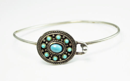 Beautiful Silver Plated Wire Turquoise 22mm Oval 9 Stone Cluster Bracelet 8.5"