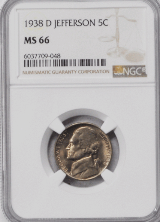 1938 D 5c Jefferson Nickel Five Cents NGC MS66 BU Denver
