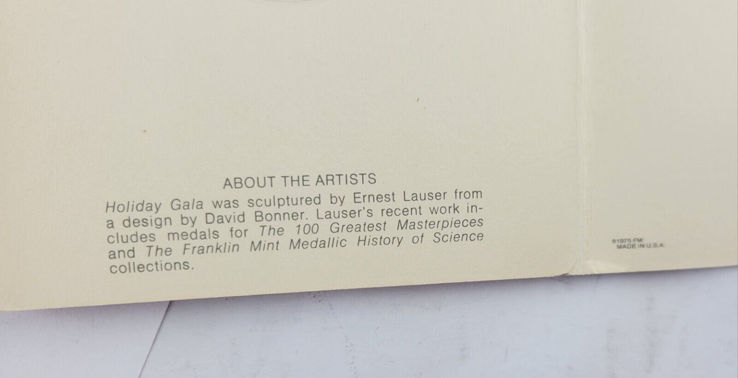 Franklin Mint Bronze Holiday Gala, 1975 Christmas Coin w/Holder Card