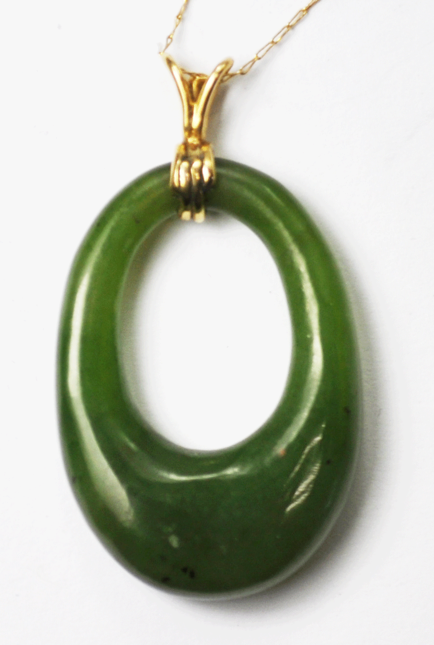 14k Yellow Gold Jade Hoop Carved Pendant 1-5/8" x 23mm Thin 22" Necklace