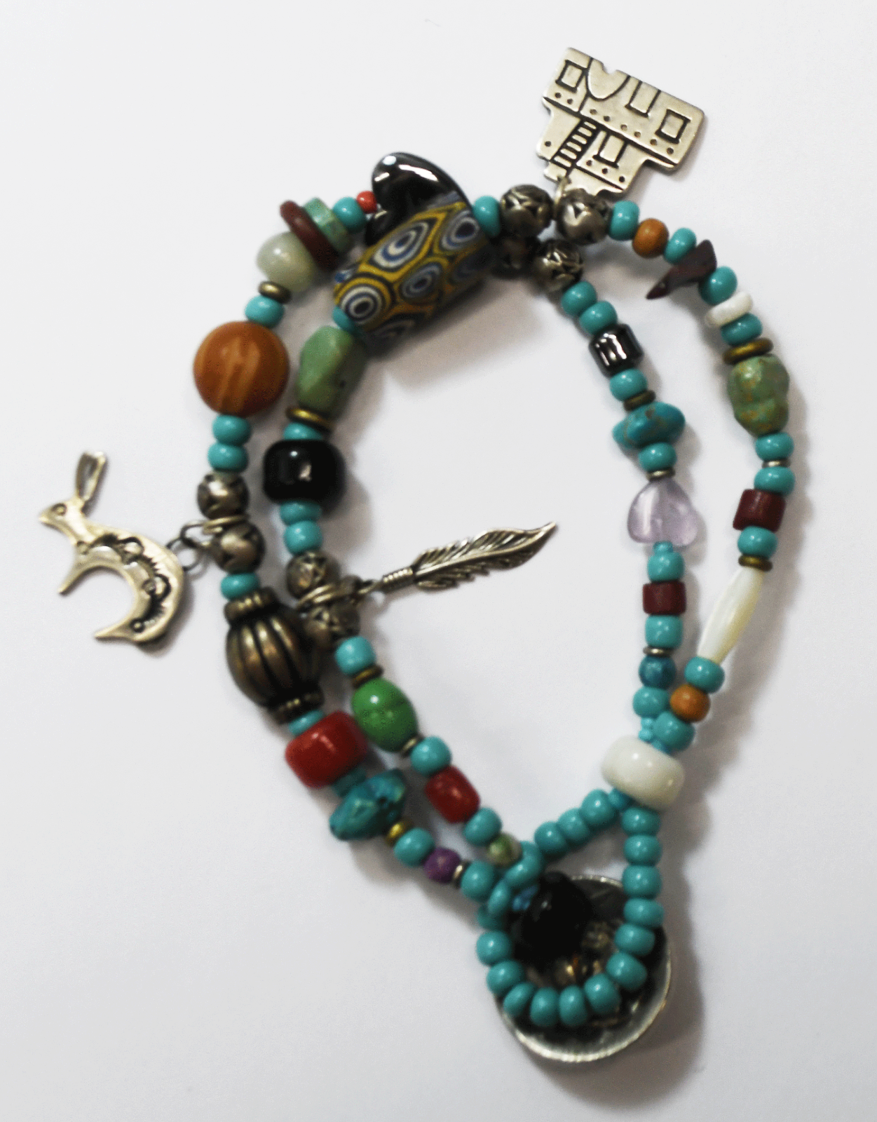 Sterling Turquoise Beaded 2 Strand Toggle Bracelet Buffalo Nickel Bar 8mm  7.75"