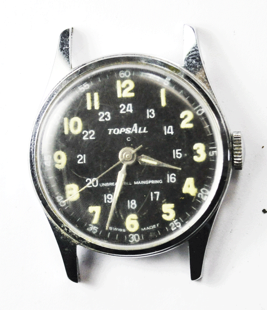 Vintage Tops All Military Wristwatch Black 24hr Dial 8800 Criterion 29mm
