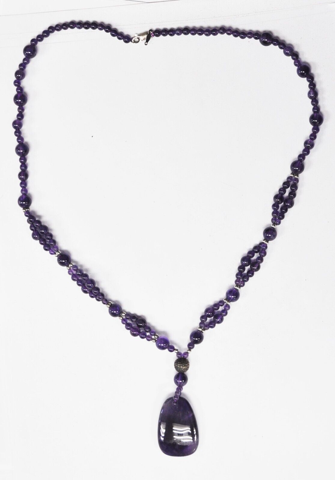 Sterling Silver Amethyst 35mm Pendant 12mm Double Bead Necklace 24"