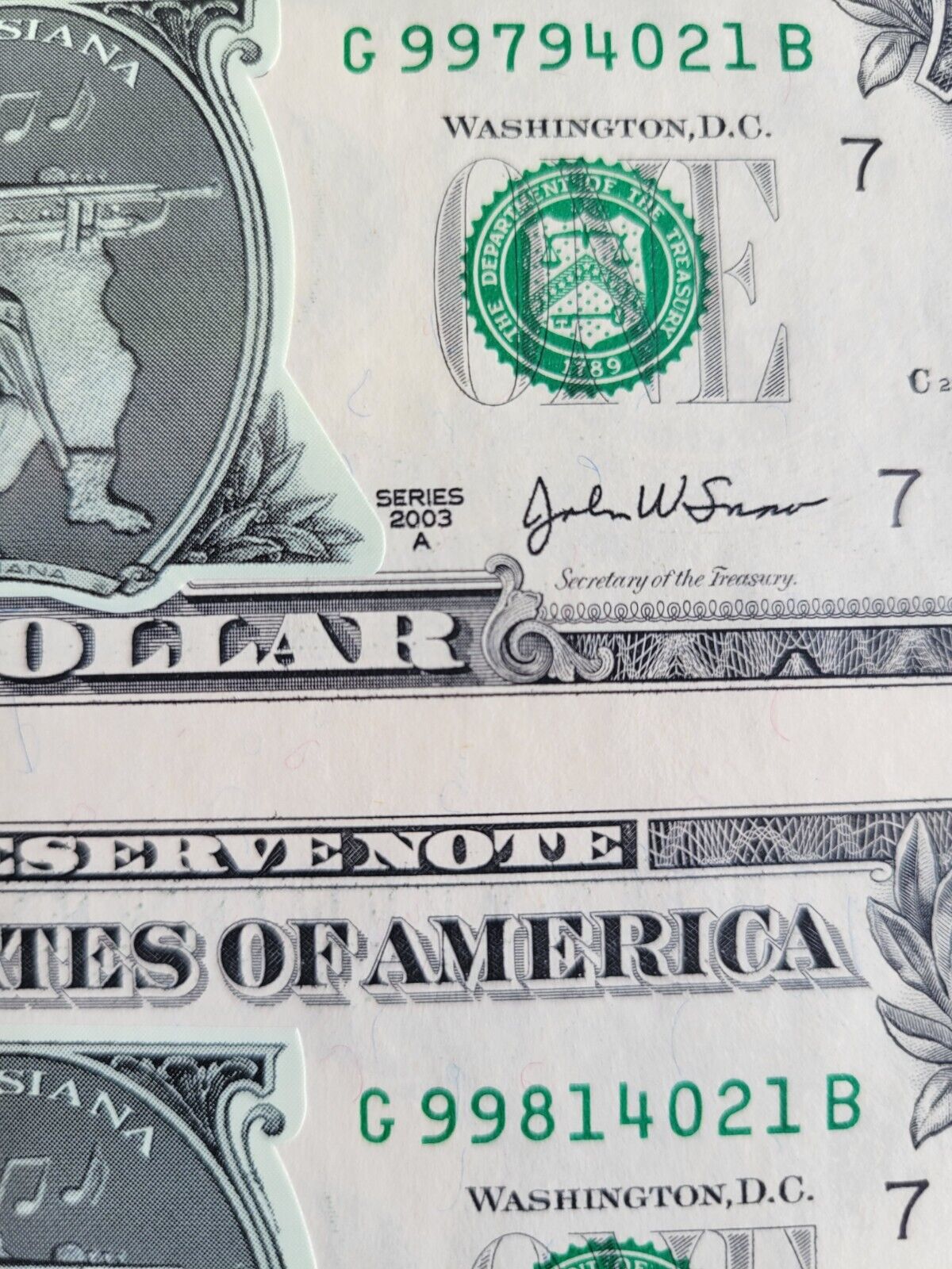 2003 United States Commemorative Gallery Uncut, Uncirculated $1 Bills Louisiana