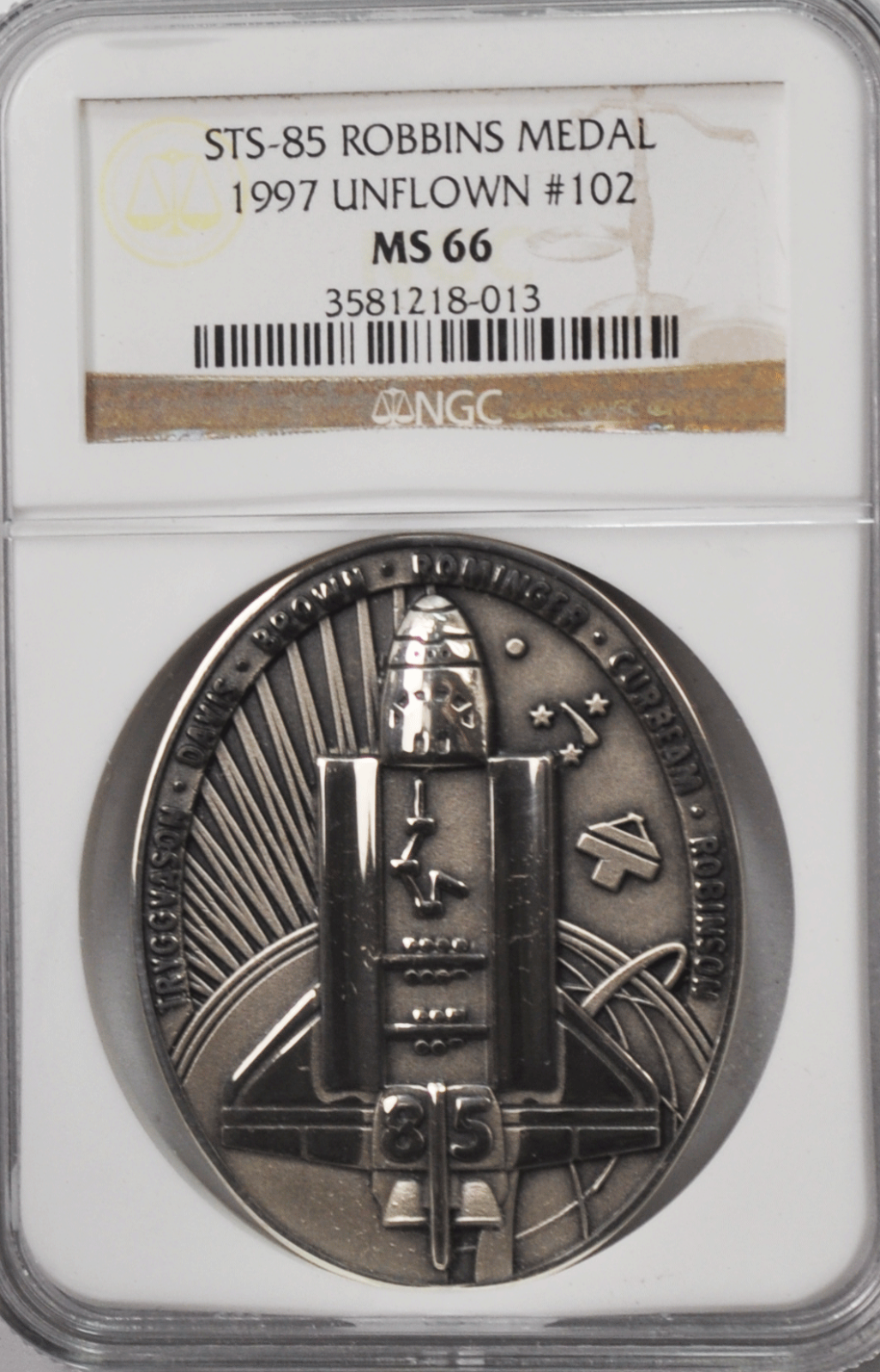 1997 STS-85 Robbins Silver Space Medal Unflown #102 NGC MS66 Discovery