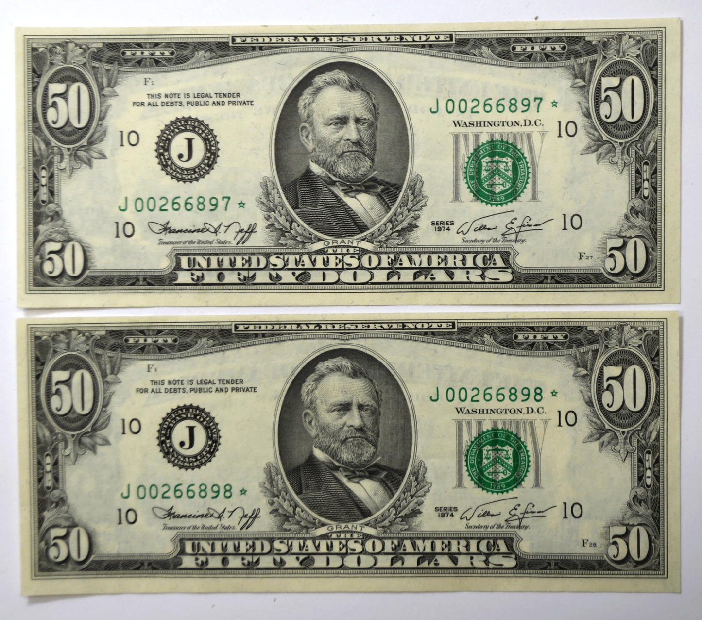1974 $50 Federal Reserve Star Notes J00266897-898*  Uncirculated Sequential