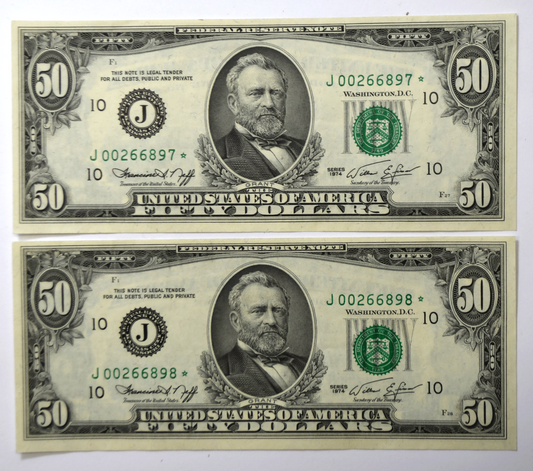 1974 $50 Federal Reserve Star Notes J00266897-898*  Uncirculated Sequential