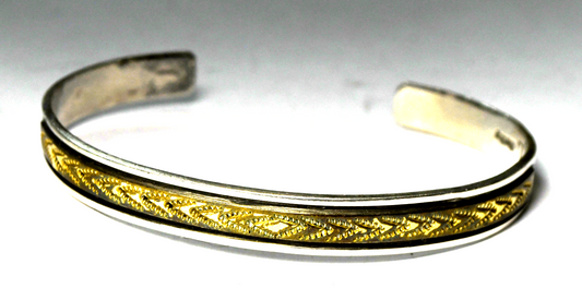 Sterling Silver Two Tone Signed L Cuff Bracelet 7mm 7" Wrist