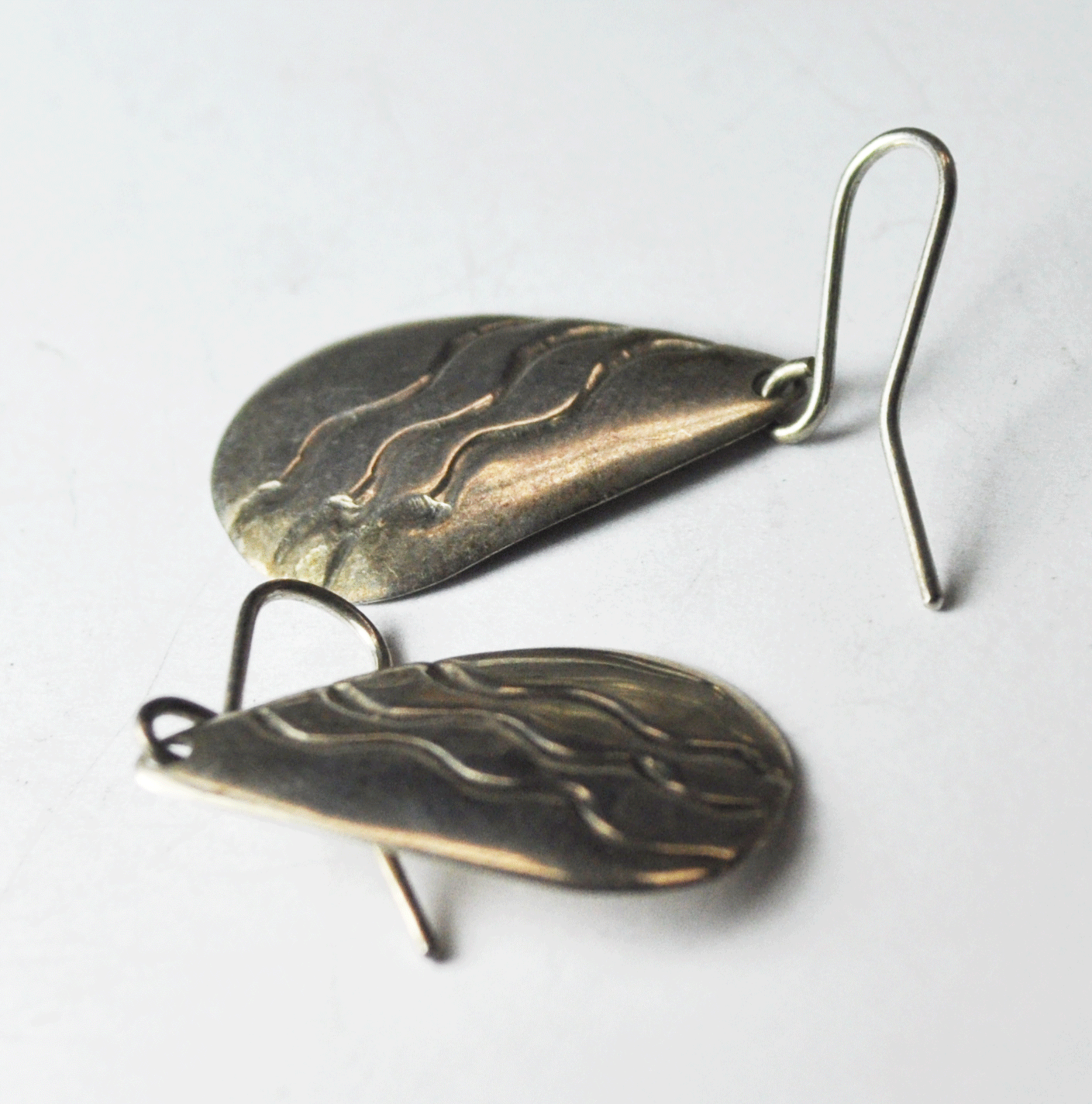 Sterling Silver Teardrop Wave Stripe Earrings Hook Dangle 1-3/8"  x 19mm