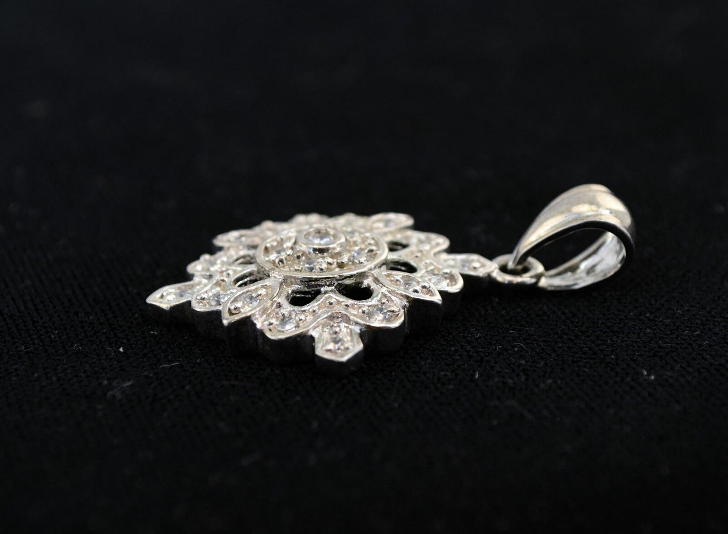 Sterling Snowflake Style Charm Pendant w/22 Crystal Imitation Diamonds  1 3/4"