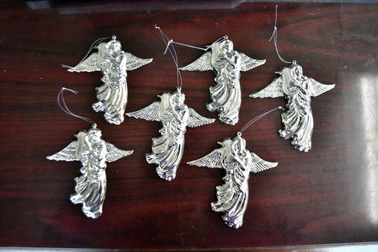 Vintage Set of 6 Towle Silver Plate Angels Playing Harps Christmas Ornaments