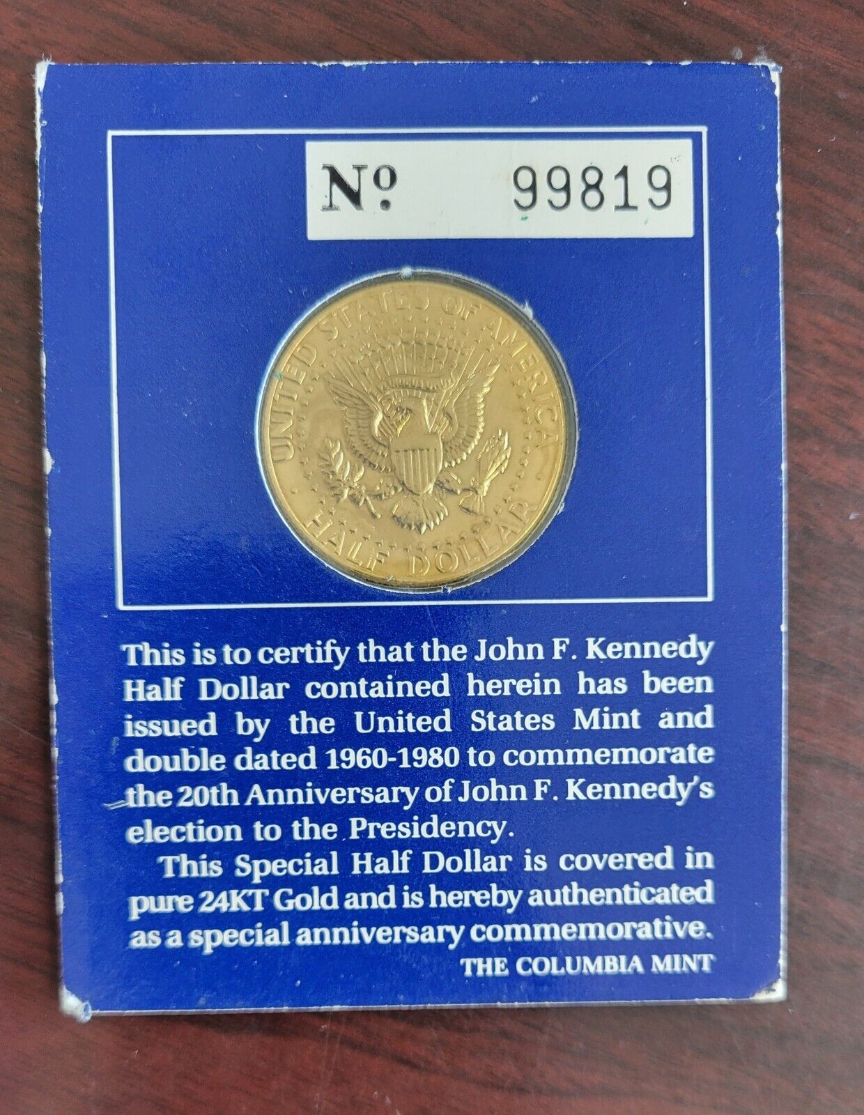 John F. Kennedy Half Double Dated 1960 1980 Covered in Pure 24K Gold Carded