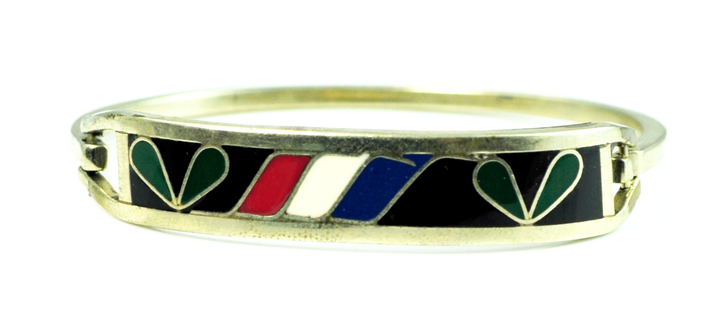Mexico Alpaca Silver Plated Red White Blue Enamel Cuff Bangle Bracelet 11m