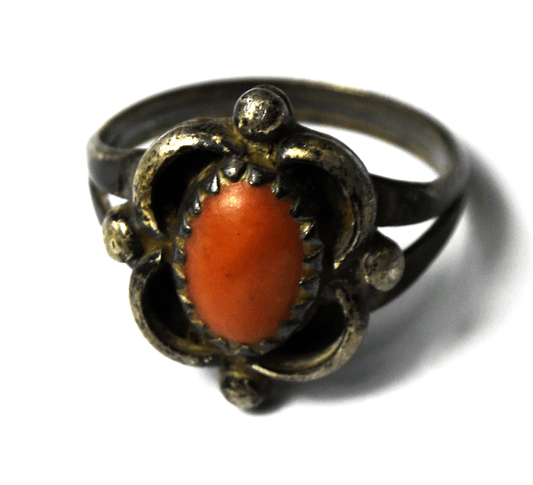 Antique Sterling Silver Coral Solitaire Ring 18mm Size 5-3/4