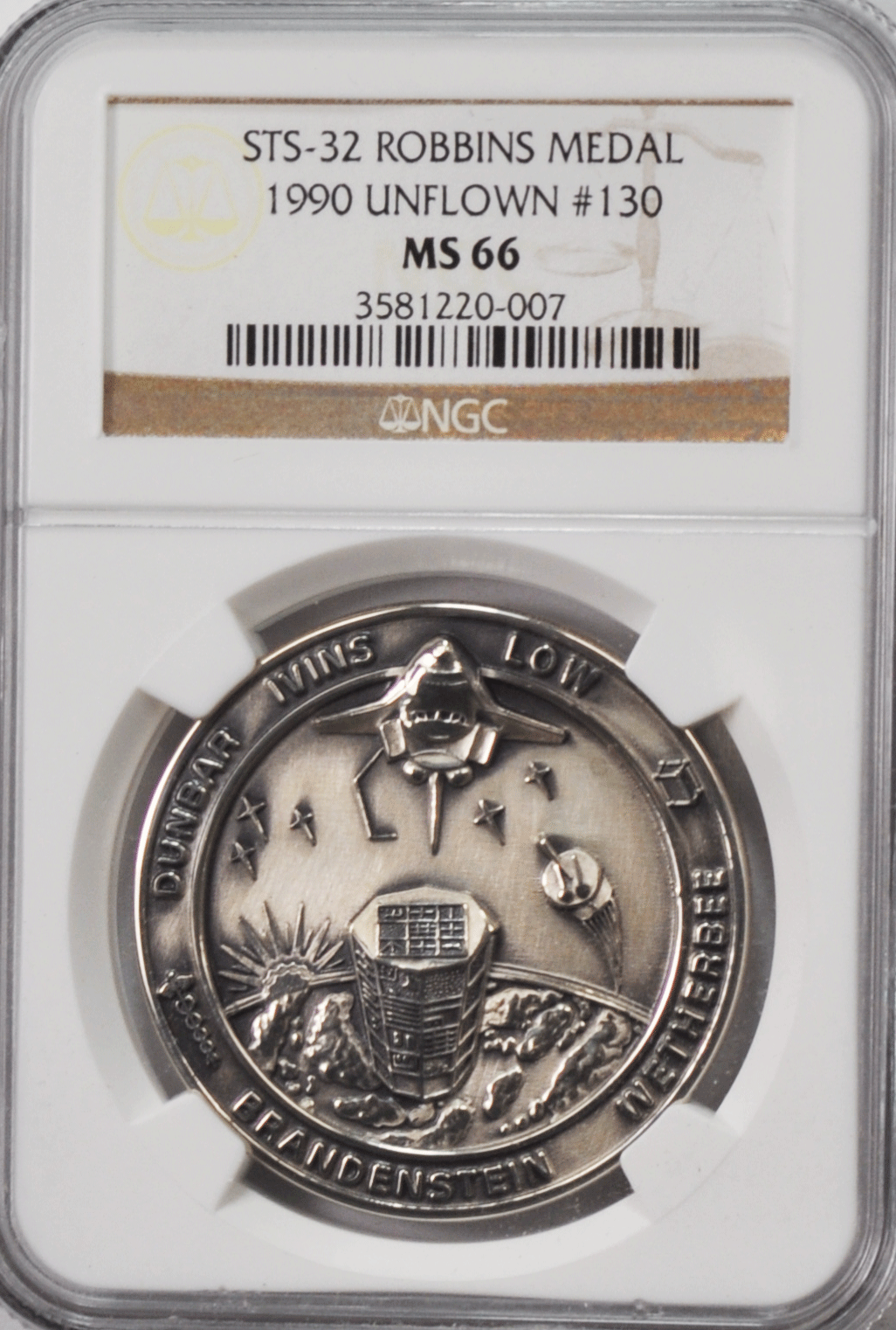 1990 STS-32 Robbins Silver Space Medal Unflown #130 NGC MS66 Columbia