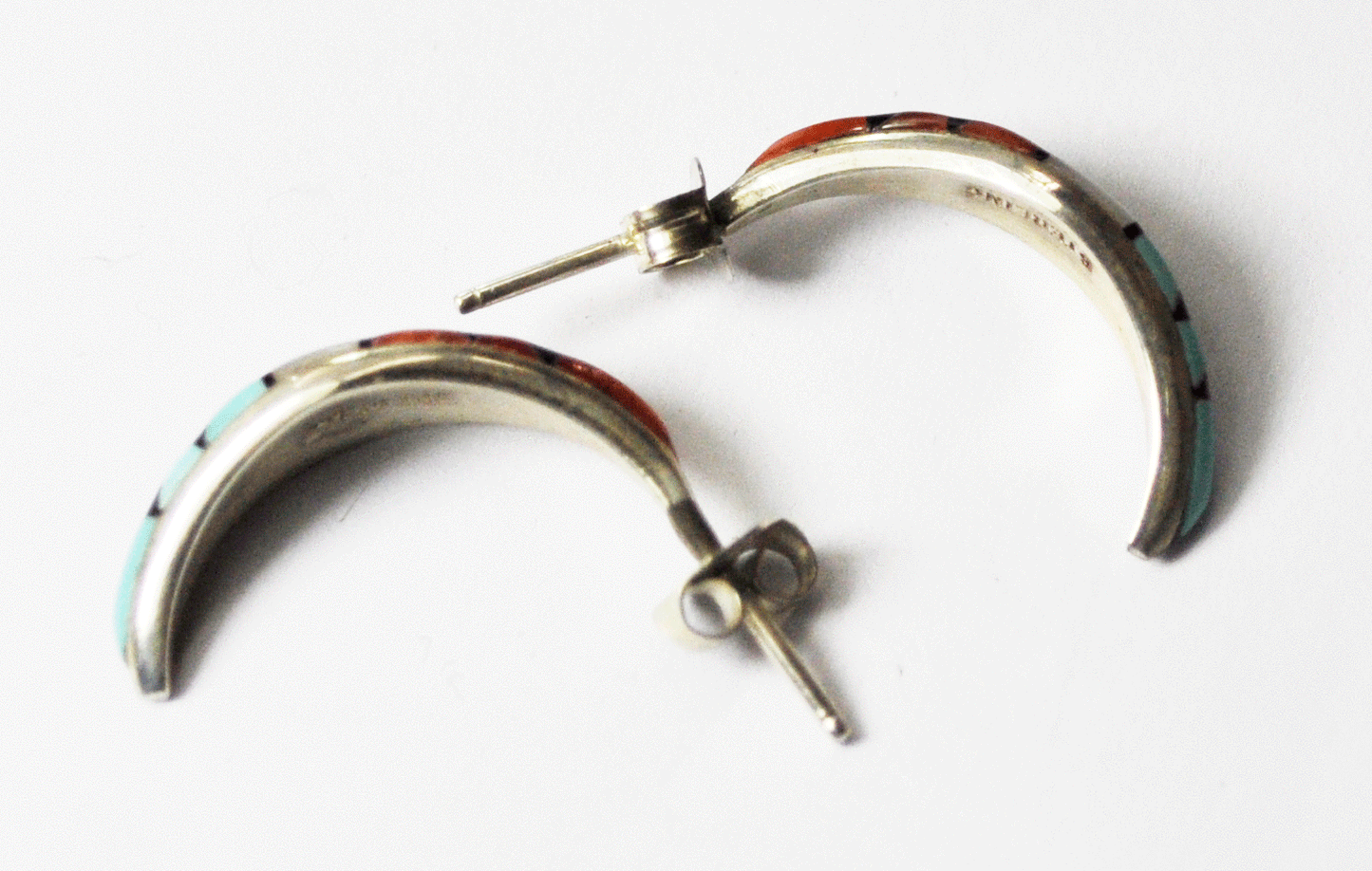 Sterling Silver Zuni Inlay Triangle MOP Half Hoop Curved Pierced Earrings 20mm