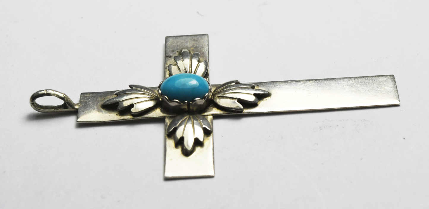 Sterling Silver FP Oval Turquoise Cross Pendant 66mm x 37mm