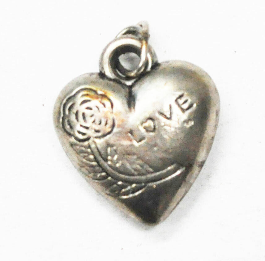Sllver Plated  Love Flower Large Puffy Heart Charm 20mm x 19mm
