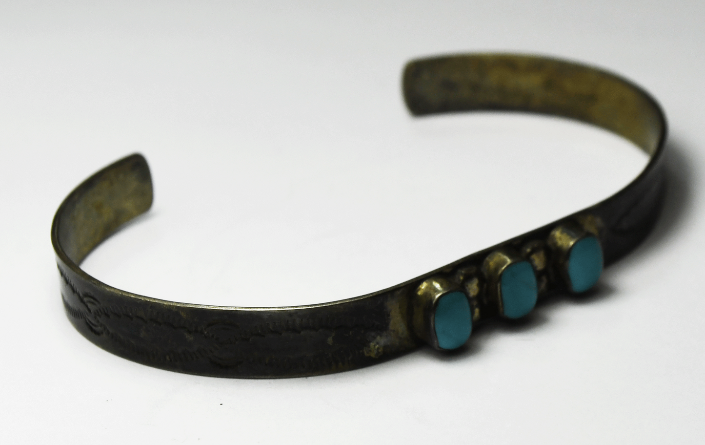 Sterling W Long Antique Triple Turquoise Cuff Bracelet 6mm 7" Wrist