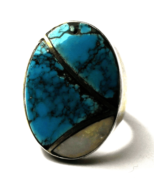 Sterling Silver N Lee Oval Turquoise MOP Inlay Ring 29mm Size 9