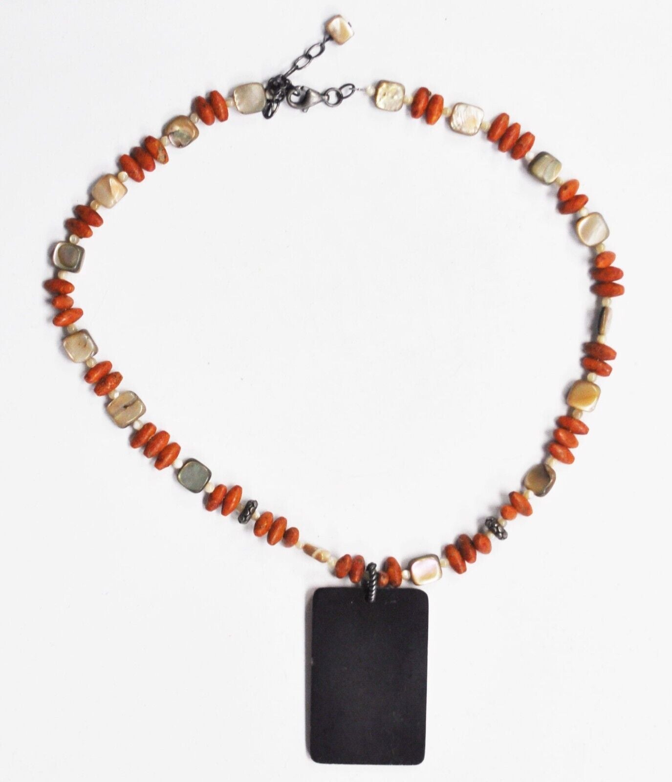 Sterling Spiny Oyster Inlay 50mm Reversible Pendant 8mm Bead Necklace 18"