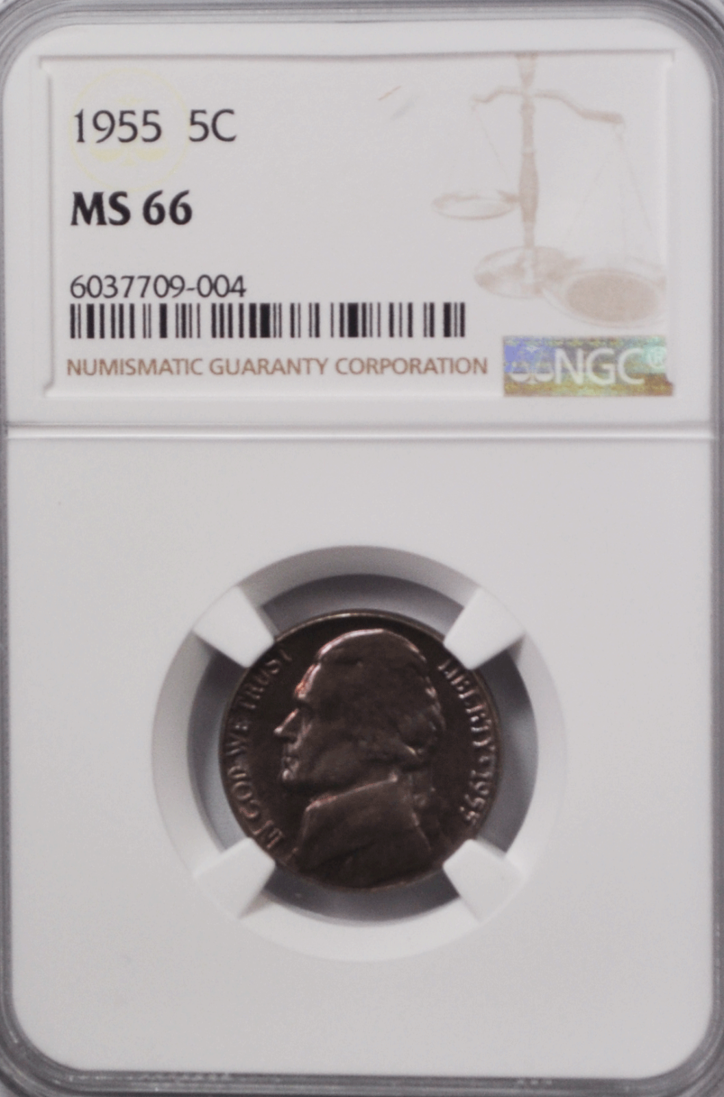 1955 5c Jefferson Nickel Five Cents NGC MS66 BU Philadelphia Purple Toned