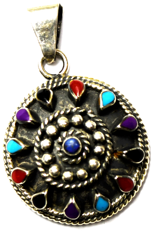 Sterling Silver Round Dot Multi Stone Domed Disc Pendant 44mm x 29mm