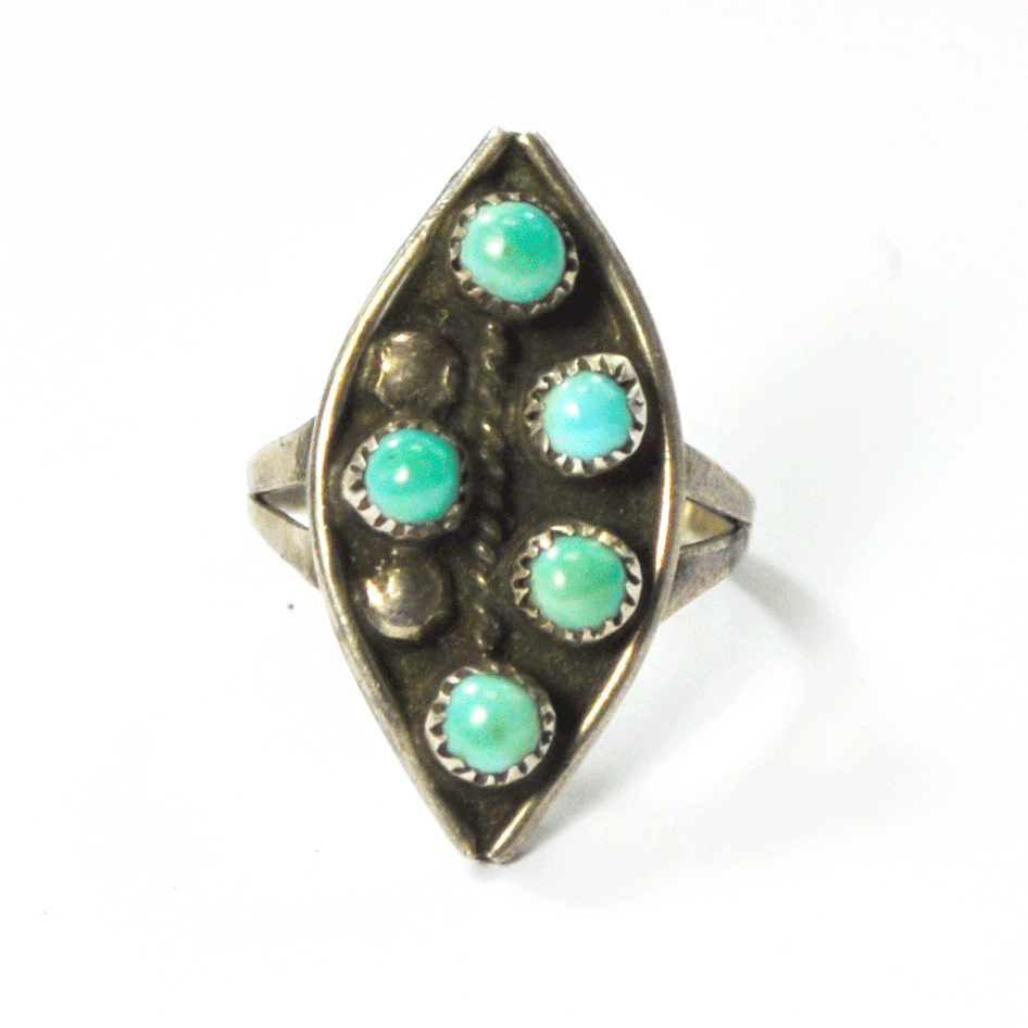 Antique Sterling Silver Pea Pod 6 Turquoise Dot Ring 25mm Size 5.5